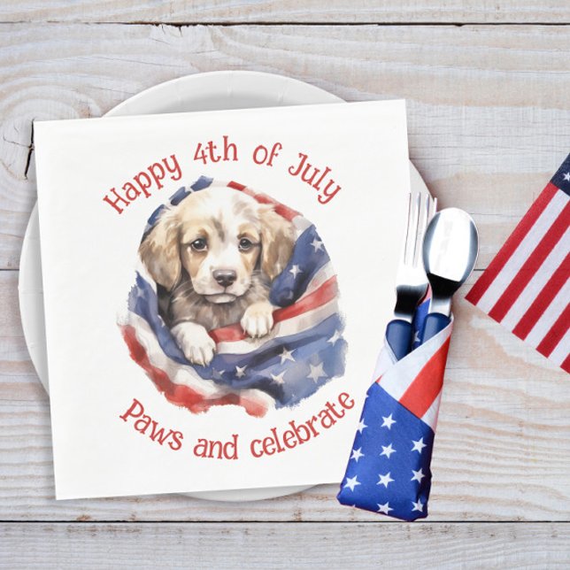 Niedliche Welpe Red White Blue American Flag Happy Serviette (American flag and puppy 4th of July paper napkins)