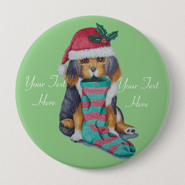 niedliche Welpe, schwarz und braun, mit Weihnachts Button (Vorderseite)