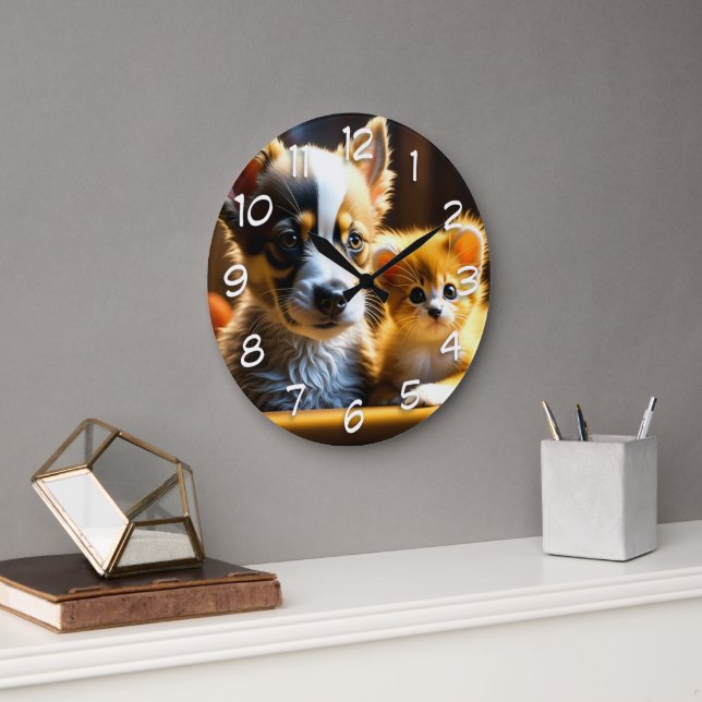 Niedliche Welpe und Kitten Große Wanduhr (Büro)