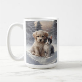 Niedliche Welpe und Kitten im Schnee Kaffeetasse