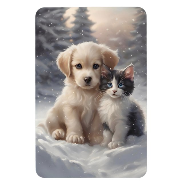 Niedliche Welpe und Kitten im Schnee Kühlschrank Magnet (Vertikal)