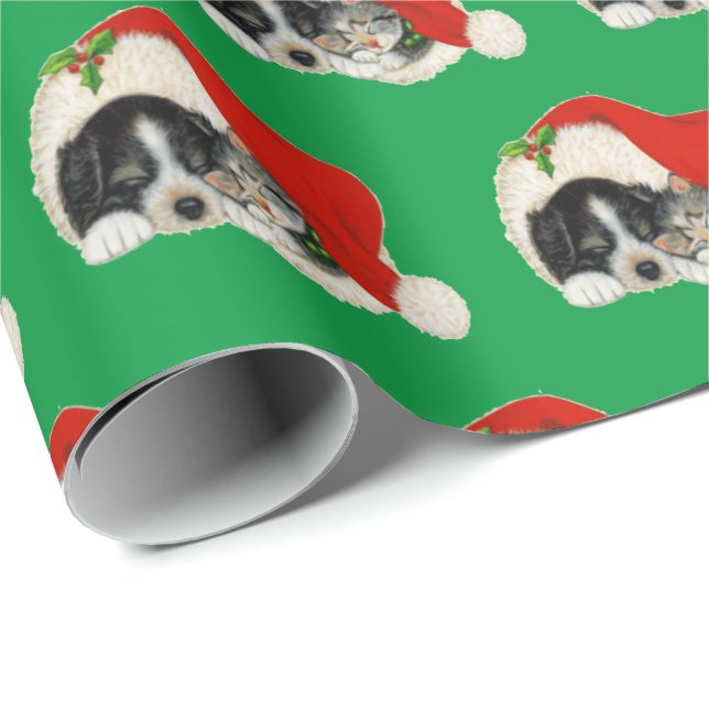 Niedliche Welpe und Kitten Weihnachtswrapping Pape Geschenkpapier (Rolleneckpunkt)
