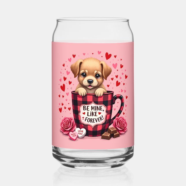 Niedliche Welpe Valentine Buffalo Karierte Ästheti Dosenglas (Vorderseite)