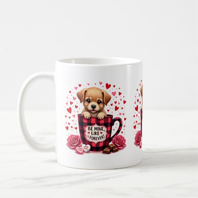 Niedliche Welpe Valentine Buffalo Karierte ästheti Kaffeetasse (Links)