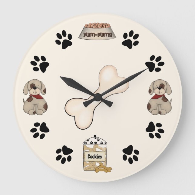 Niedliche Welpen-Hunde, Tatzen-Drucke und Knochen Große Wanduhr (Vorderseite)