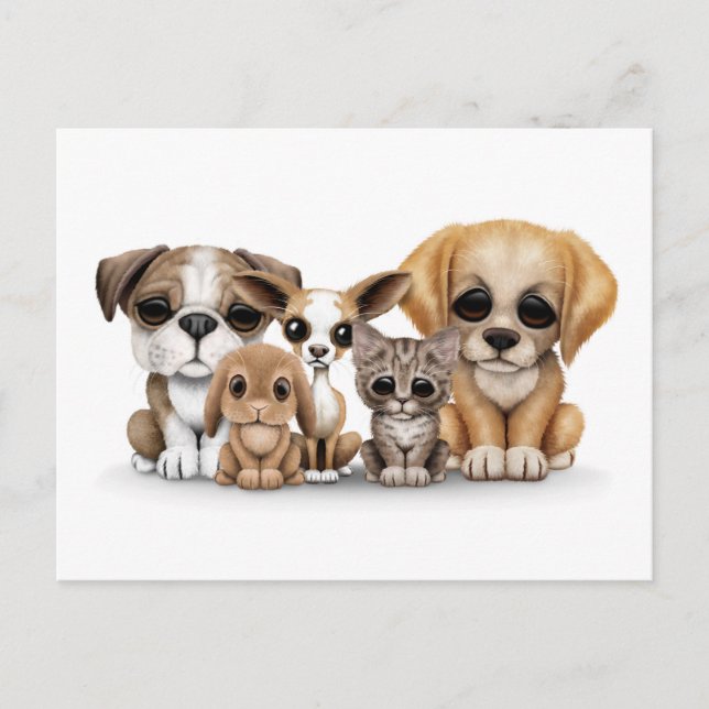 Niedliche Welpen, Kitten und Bunny Pet Portrait We Postkarte (Vorderseite)