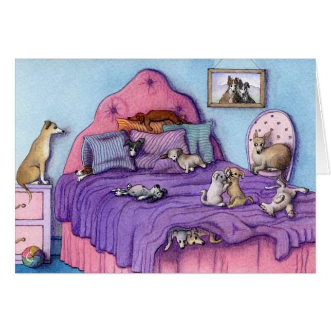 Niedliche Welpen und Hunde Sleepover-Party KARTE (Vorderseite (Horizontal))