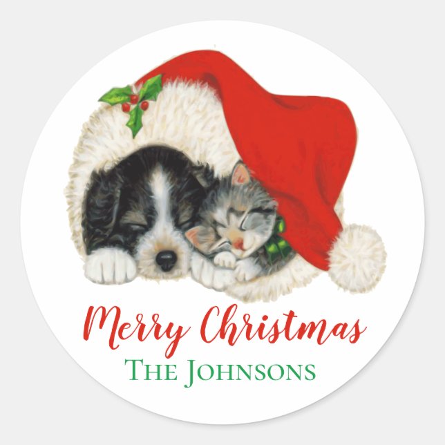 Niedliche Welpen und Kitten Weihnachtskleber Siege Runder Aufkleber (Vorderseite)