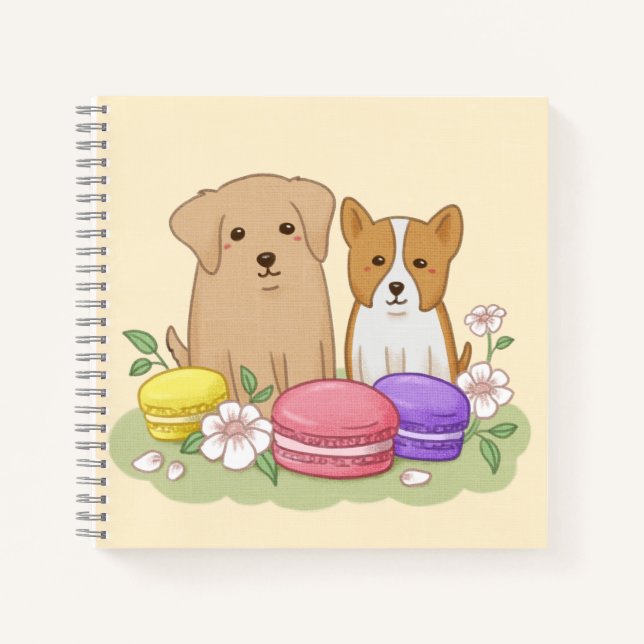 Niedliche Welpen und Macarons Illustration Art Notizbuch (Vorderseite)