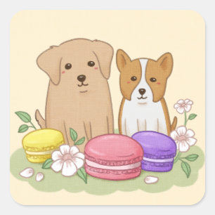 Niedliche Welpen und Macarons Illustration Art Quadratischer Aufkleber