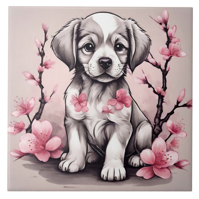 Niedliche Welpen- und Pink-Kirschblossom-Blume Fliese (Vorderseite)