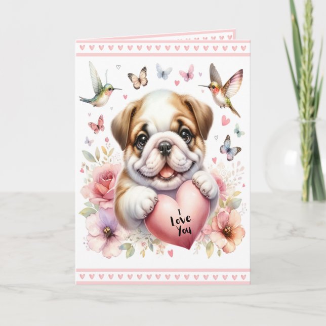 Niedliche Welpen und rosa Herzen Ich Liebe Sie Val Karte (Vorderseite)