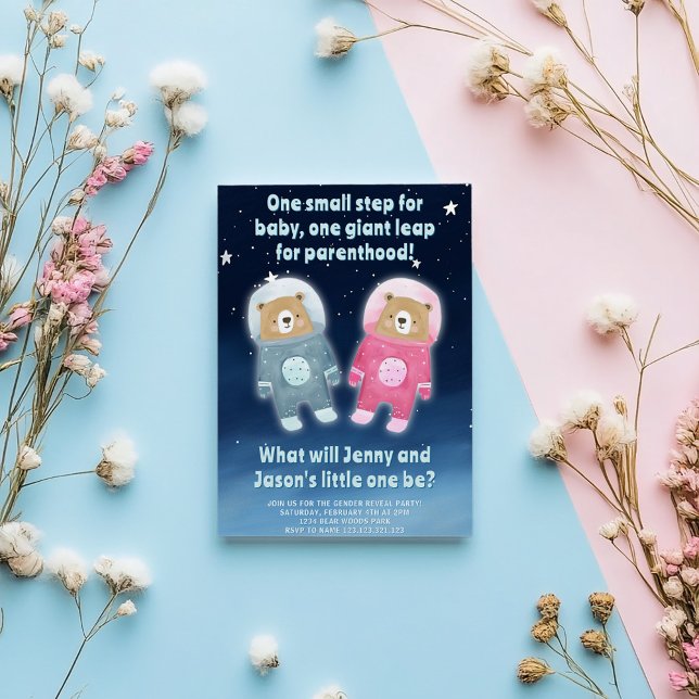 Niedliche Weltraumgedankenverkündung für Astronaut Einladung (Fun space astronaut bears one in pink, on in blue gender reveal invitation card)