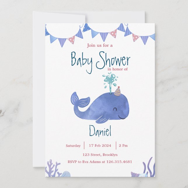 Niedliche Whale Baby Dusche in Blau und Rot Wasser Einladung (Vorderseite)