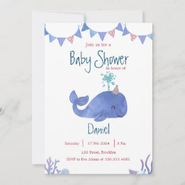 Niedliche Whale Baby Dusche in Blau und Rot Wasser Einladung