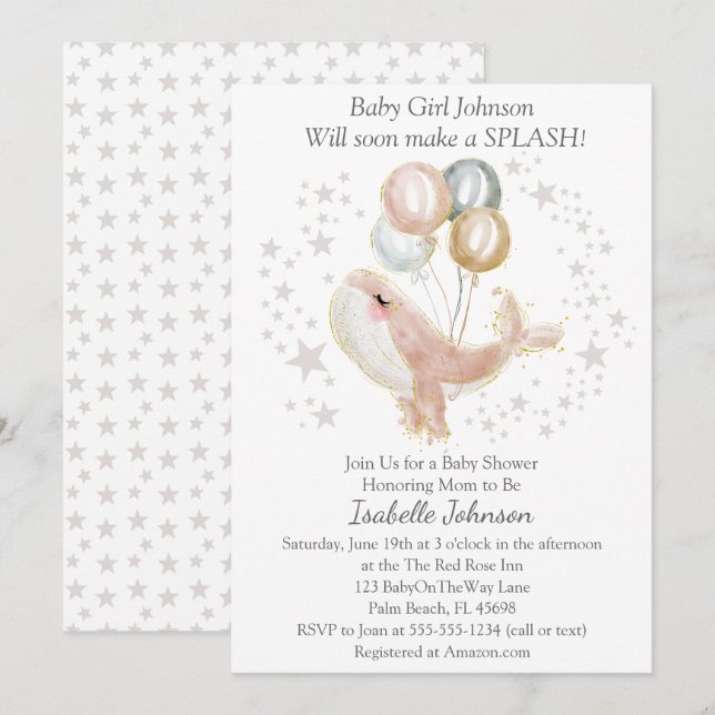 Niedliche Whale Baby Dusche in Rosa und Gold Einladung (Vorne/Hinten)