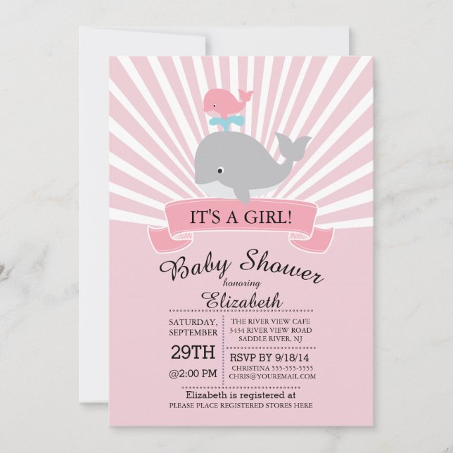 Niedliche Whale-Girl-Kinderdusche Einladung (Vorderseite)