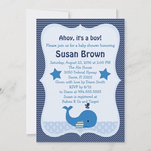 Niedliche Whale Nautical Baby Dusche Einladung (Vorderseite)