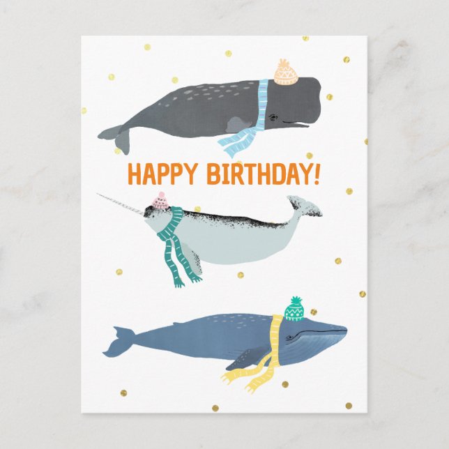 Niedliche Whale Scarves Winter Kindergeburtstag Postkarte (Vorderseite)