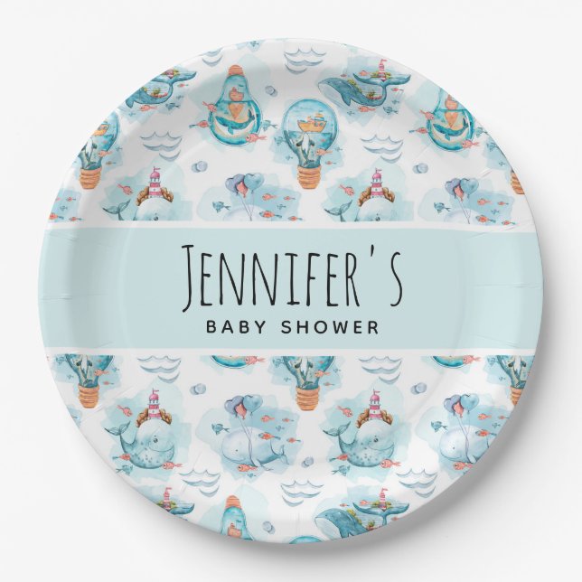 Niedliche Whales Watercolor Babydusche Pappteller (Vorderseite)