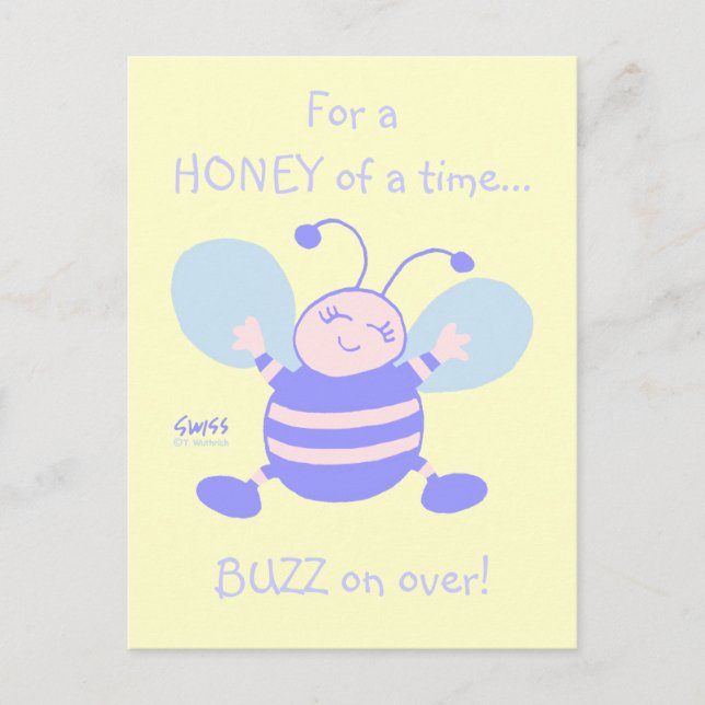 Niedliche Whimsical Baby Bee 1. Geburtstag Party Einladungspostkarte (Vorderseite)