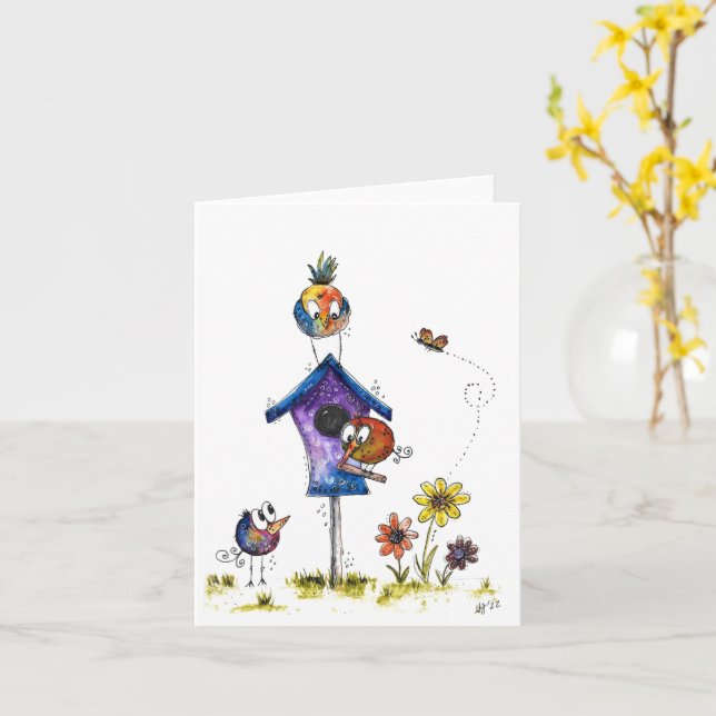 Niedliche Whimsical Birds in einem Geburtshaus Karte (Gelbe Blume)