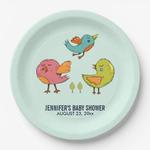 Niedliche Whimsical Birds Trio Babydusche Pappteller