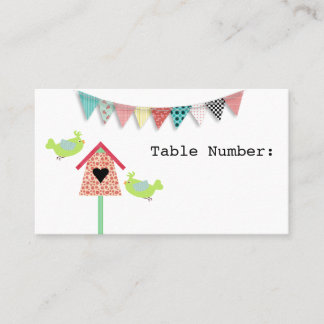 Niedliche Whimsical Birds und Birdhouse-Tischnumme Platzkarte
