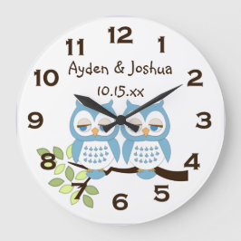Niedliche Whimsical Blue Boy Owl Twin Wall Clock Große Wanduhr