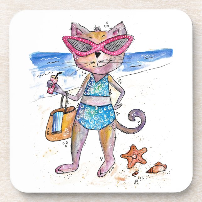 Niedliche Whimsical Cat am Strand Getränkeuntersetzer (Vorderseite)