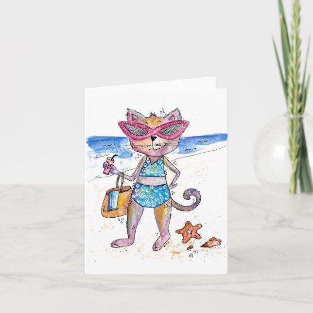 Niedliche Whimsical Cat am Strand Karte (Vorderseite)