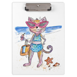 Niedliche Whimsical Cat am Strand Klemmbrett