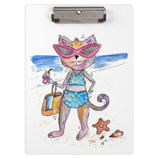 Niedliche Whimsical Cat am Strand Klemmbrett (Vorderseite)