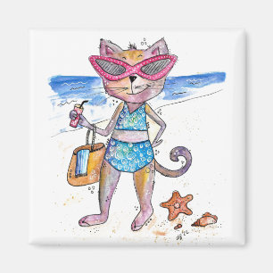 Niedliche Whimsical Cat am Strand Magnet