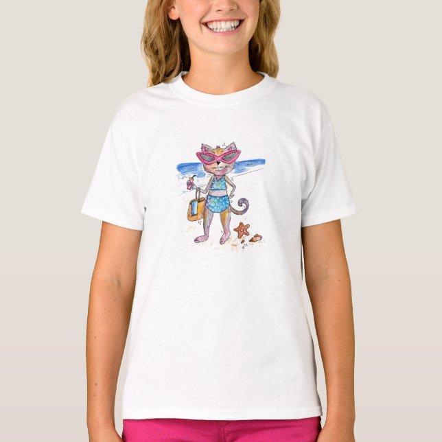 Niedliche Whimsical Cat am Strand T-Shirt (Vorderseite)