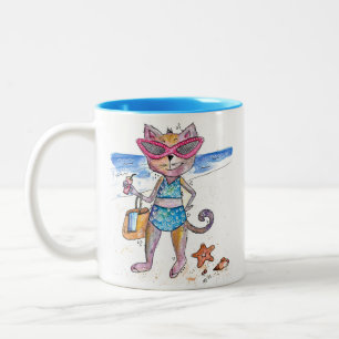 Niedliche Whimsical Cat am Strand Zweifarbige Tasse