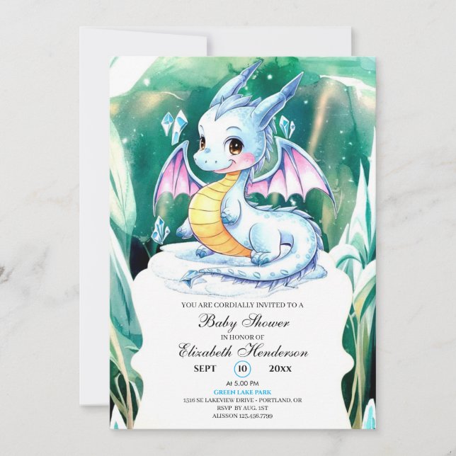 Niedliche Whimsical Dragon Baby-Dusche Einladung (Vorderseite)