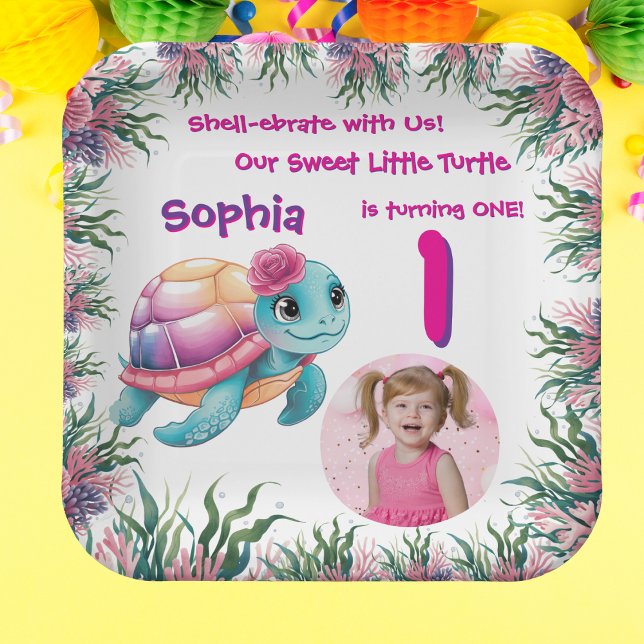Niedliche Whimsical Floral Sea Turtle Girly Geburt Pappteller (Von Creator hochgeladen)