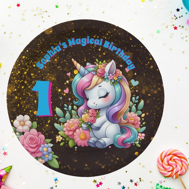 Niedliche Whimsical Floral Unicorn Girly 1. Geburt Pappteller (Von Creator hochgeladen)