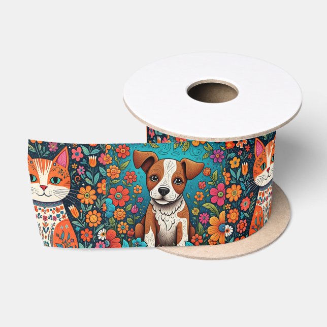 Niedliche Whimsical Folk Art Cat and Dog and Blume Satinband (Spule)