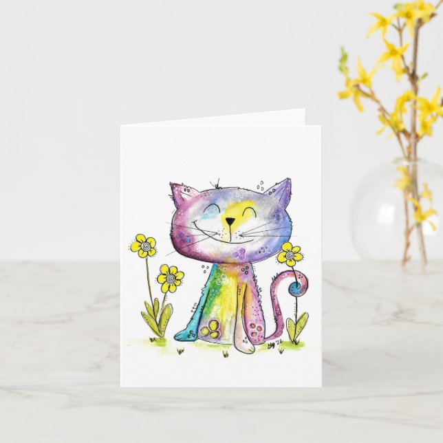 Niedliche Whimsical Happy Cat mit gelben Blumen Karte (Gelbe Blume)