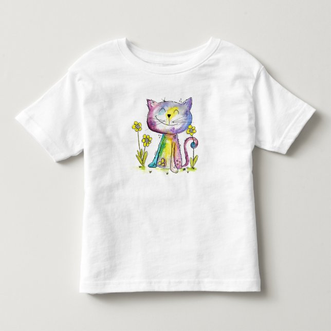 Niedliche Whimsical Happy Cat mit gelben Blumen Kleinkind T-shirt (Vorderseite)