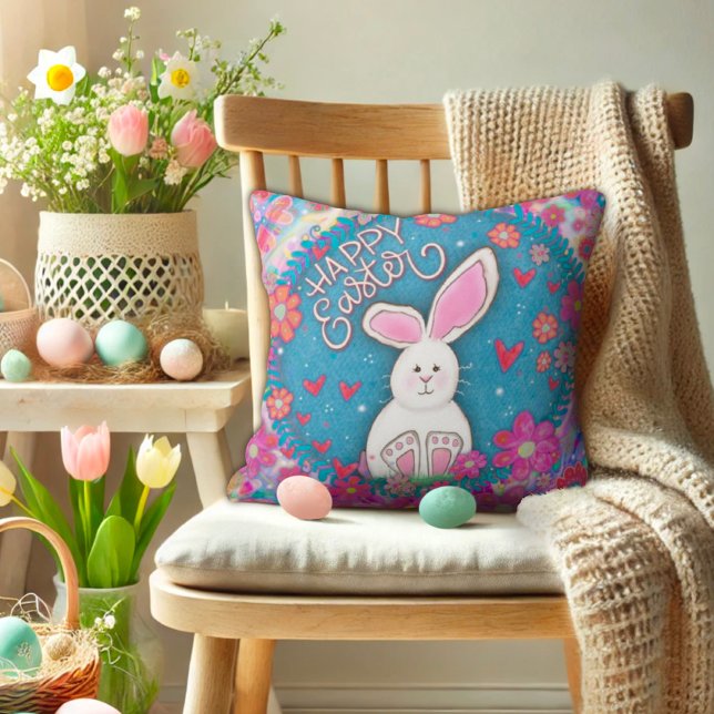 Niedliche Whimsical Happy Oaster Bunny Inspirivity Kissen (Von Creator hochgeladen)