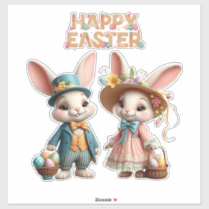 Niedliche, Whimsical Happy Oaster mit 2 Kaninchen Aufkleber