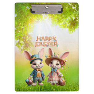 Niedliche, Whimsical Happy Oaster mit 2 Kaninchen Klemmbrett