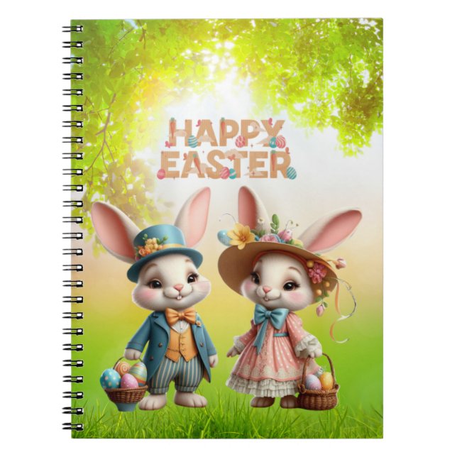 Niedliche, Whimsical Happy Oaster mit 2 Kaninchen Notizblock (Vorderseite)