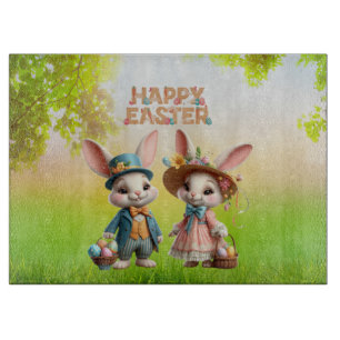 Niedliche, Whimsical Happy Oaster mit 2 Kaninchen Schneidebrett