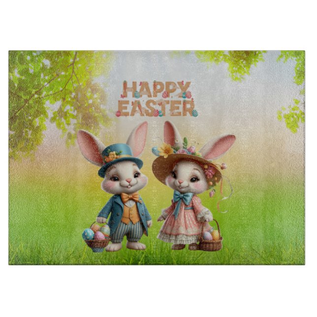 Niedliche, Whimsical Happy Oaster mit 2 Kaninchen Schneidebrett (Vorderseite)