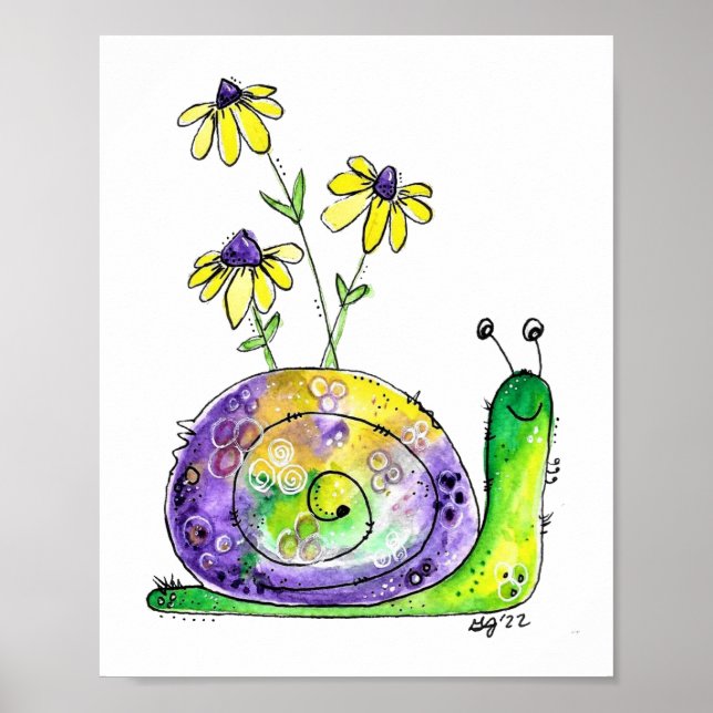 Niedliche Whimsical Happy Snail mit gelben Blumen Poster (Vorne)