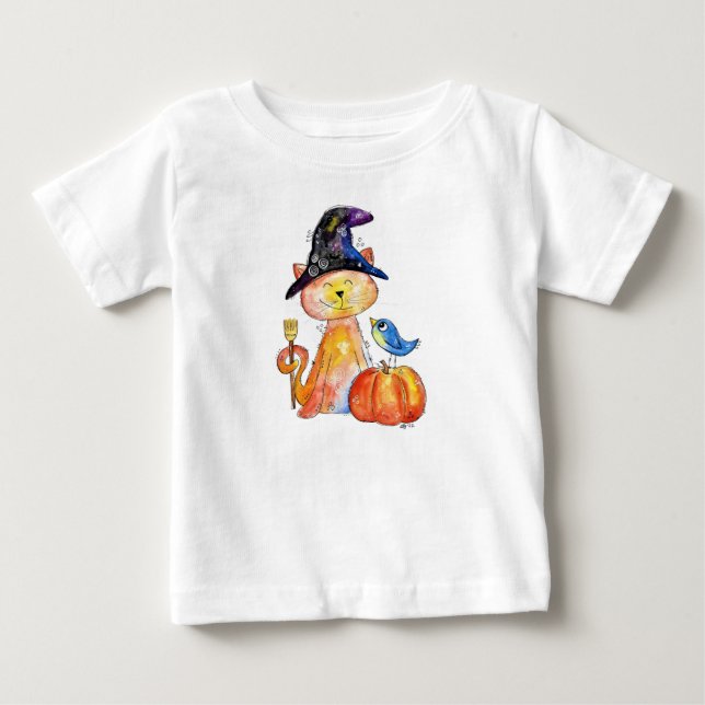 Niedliche Whimsical Hexenkatze mit Pumpkin Baby T-shirt (Vorderseite)